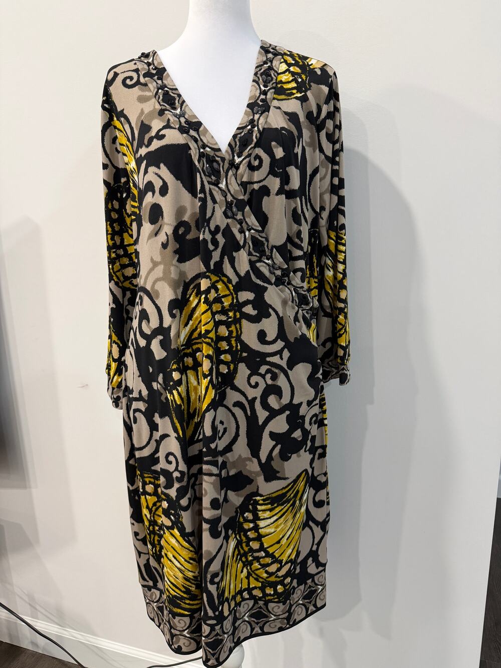 Alfani Beaded Wrap Dress L | Black Print | Career Chic | Cocktail Dress